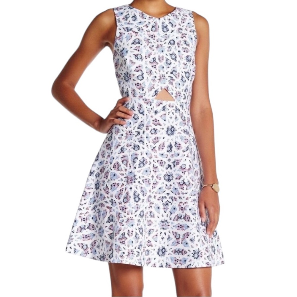CeCe White with Blue/Red Mosaic Print Sleeveless Fit and Flare Cutout Dress